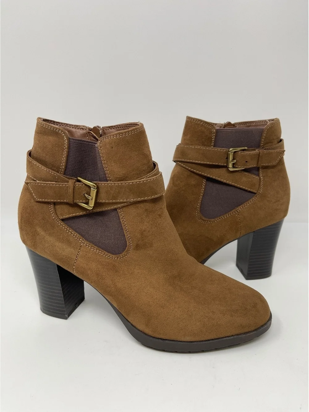 Style & Co Brown Faux Suede Ankle Boots Women's Size 8M Heel Buckle Zip Booties